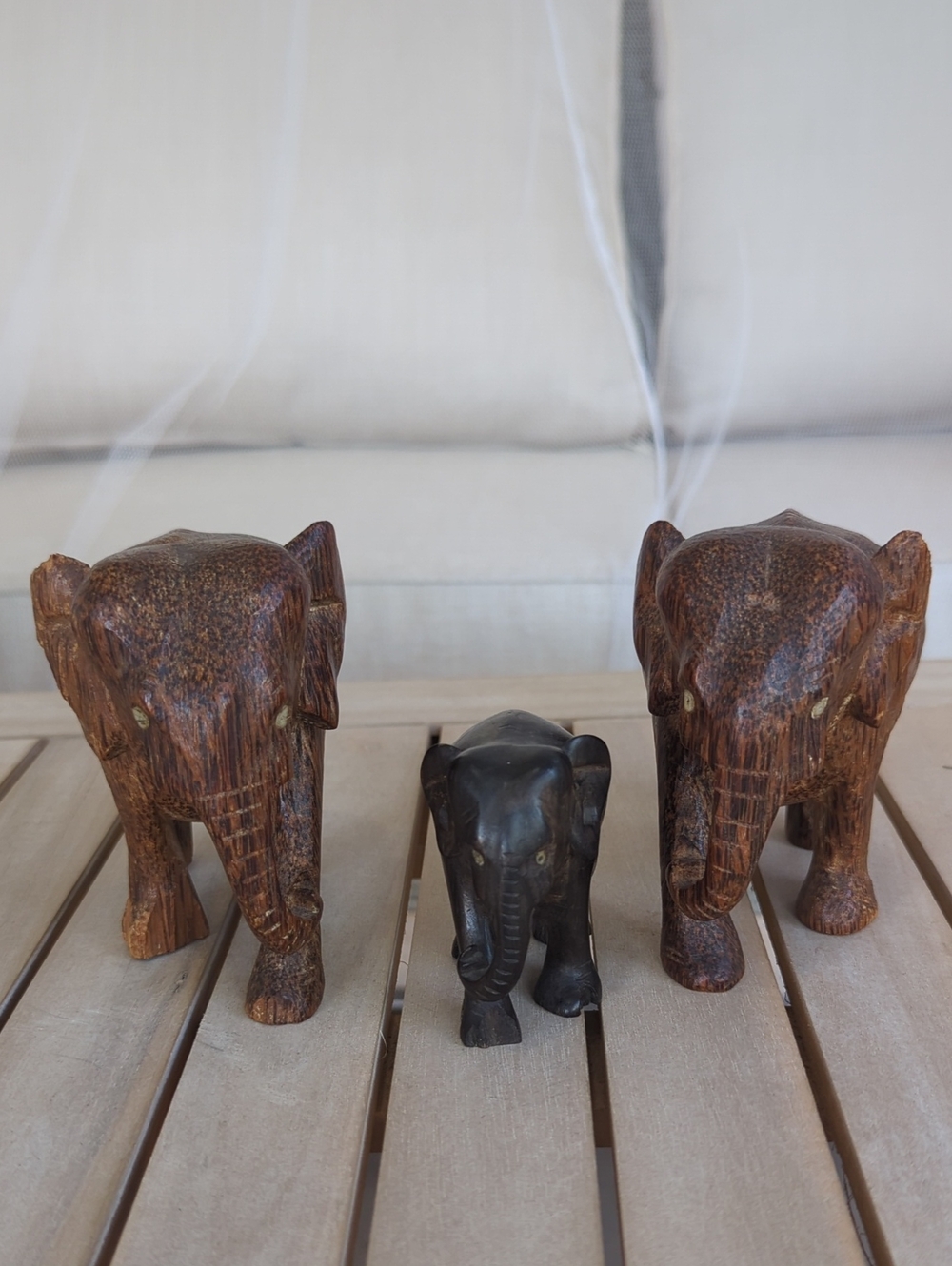 Vintage Hand Carved Palm Wood Elephants Set of 3